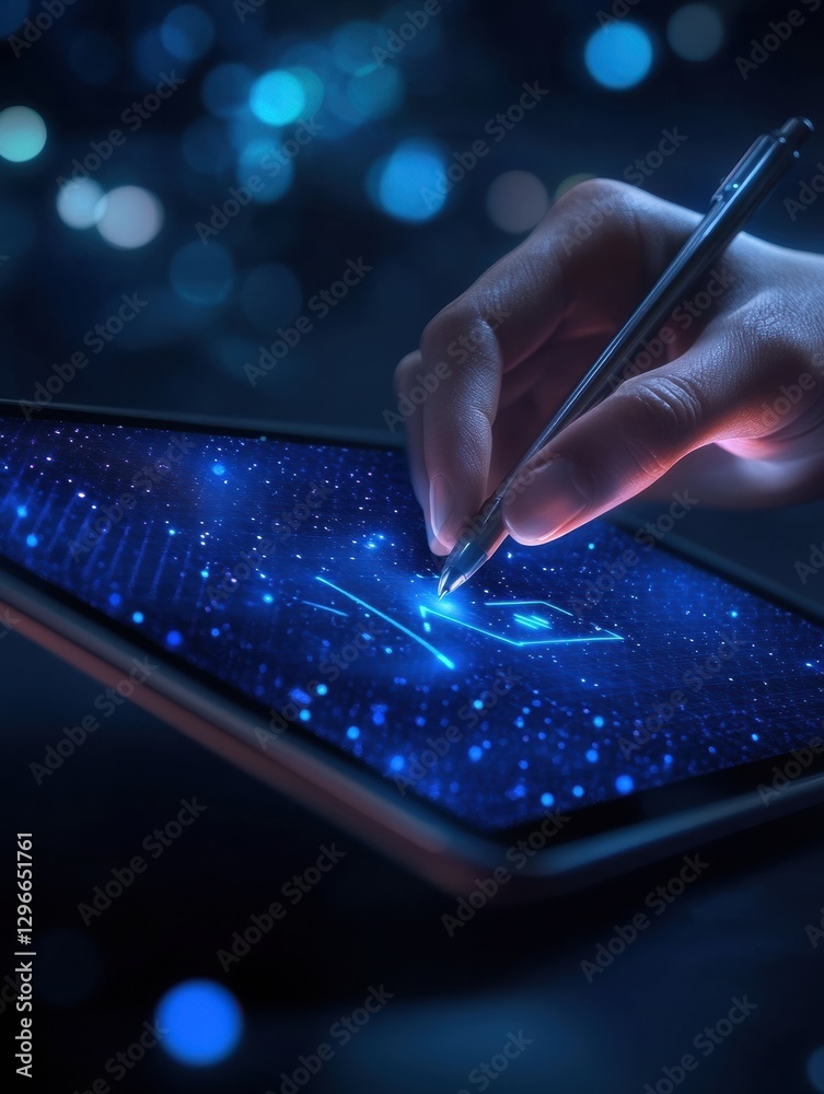 Leinwandbilder Hand using digital pen on tablet screen to create glowing star pattern at night in a dimly lit room. Generative AI