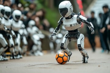 Fototapeta premium Futuristic robotic soccer player controlling a ball on a high-tech field