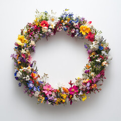 Colorful floral wreath with various flowers on white background
