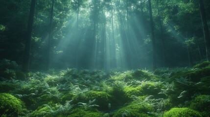 Obraz premium A misty forest with ferns and moss-covered trees, atmospheric and soft light filtering through