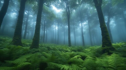 Obraz premium A misty forest with ferns and moss-covered trees, atmospheric and soft light filtering through
