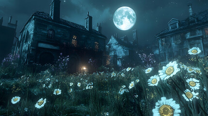Obraz premium Enchanted Moonlit Village Surrounded by Wild Daisies at Night