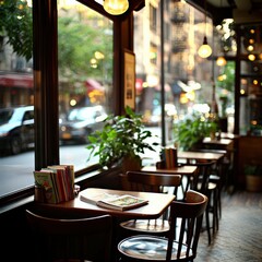 Cozy Urban Cafe Interior with Wooden Tables and Sunlight Streaming Through Windows