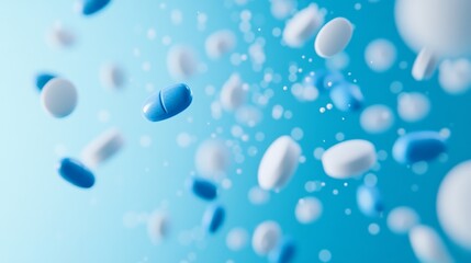 Falling pills: blue and white capsules on light blue background.