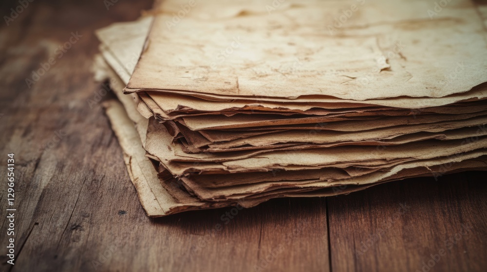 Aufkleber old parchment documents stacked on a wooden table showcasing historical significance and preservatio