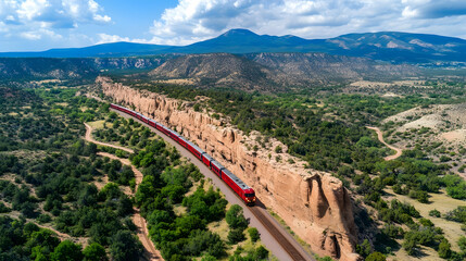 Naklejka premium Scenic Red Train Traveling Through Lush Green Landscape and Mountains