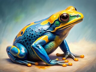 Obraz premium Minimalist Frog Painting: Blue, Yellow Amphibian Art