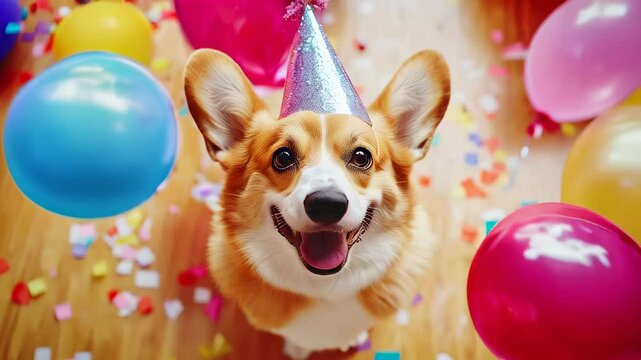 Happy corgi celebrating with colorful balloons and confetti at a pet birthday party