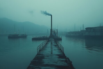 Obraz premium Abandoned wooden pier extending into a foggy lake with a mysterious atmosphere
