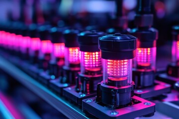 Futuristic glowing red vacuum tubes arranged in a high-tech electronic device