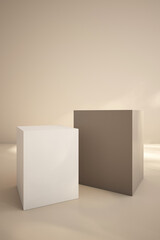 Beige display podiums with sunlight shadows. Minimalist product stand, neutral background, vertical image. 3D rendering