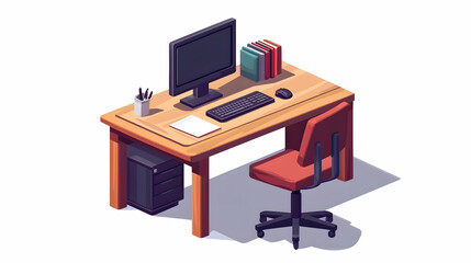 Fototapeta premium Stylish Modern Desk Setup with Computer and Red Office Chair