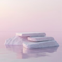 Serene Pastel Pink Stone Steps on Calm Water at Dawn