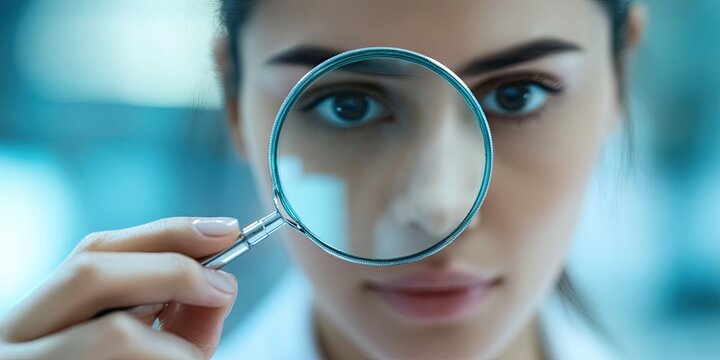 Close-up of a female doctor or scientist wearing a protective mask and gloves, examining through a magnifying glass with a focused expression.