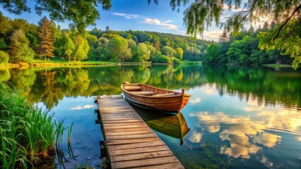Obraz premium Serene lake scene with a wooden boat docked beside a rustic wooden pier on calm water amidst lush greenery, trees, wooden, trees