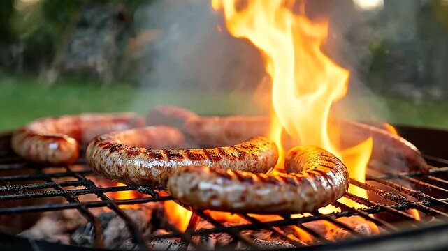 A perfectly coiled boerewors sausage crackles over hot coals on a rustic South African braai. Flames dance beneath the grill, infusing the meat with smoky flavor. Summertime cookou
