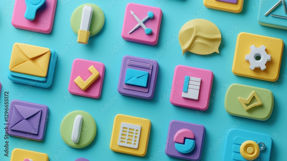 Poster a 3d icon set with vibrant colors and shadows, making business concepts pop off the screen.