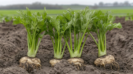 Obraz premium Fresh Celery Roots Growing in Field Soil Under Overcast Sky