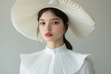 Portrait of a young woman in a white vintage hat and elegant attire