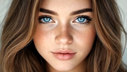 Obraz premium Close up of a woman with long brown hair and blue eyes.