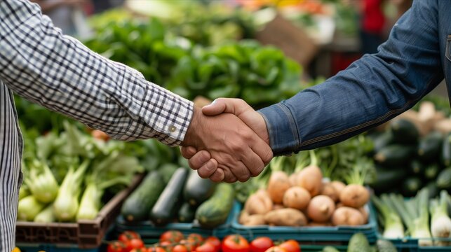 Two individuals meet at a market, shaking hands over fresh produce and vegetables.