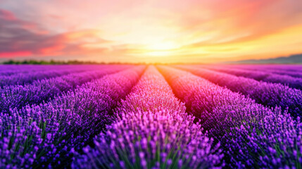 Obraz premium A field of purple lavender flowers with a beautiful sunset in the background. The sky is filled with a mix of colors, including pink, orange, and yellow. The flowers are arranged in neat rows
