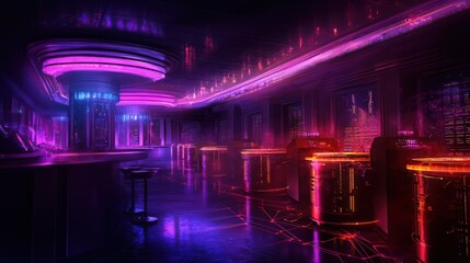 Futuristic Neon Lit Interior of a Trendy Nightclub with Colorful Lights and Vibrant Atmosphere
