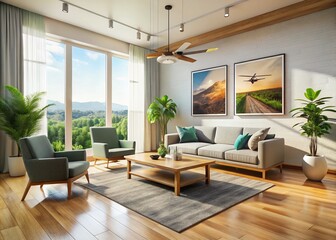 Fototapeta premium Minimalist Living Room Drone Photography: Light Wood Accents & Large Poster