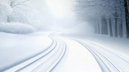 Obraz premium A winter road covered in fresh snow, with tire tracks disappearing into a foggy, snow-laden forest.