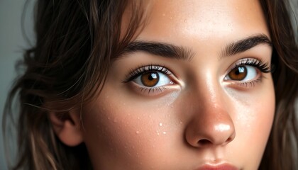 Obraz premium A close-up of a young woman's face with brown eyes and long eyelashes, looking slightly to the left.