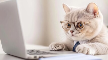 Tan Cat In Glasses Studying On Laptop
