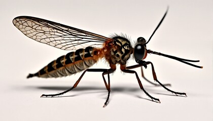 A close-up of a robber fly with its wings spread out.