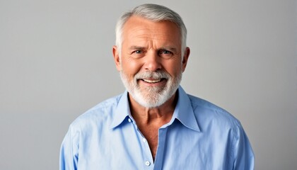 Fototapeta premium an older man with grey hair and blue eyes wearing a light blue button-up shirt.