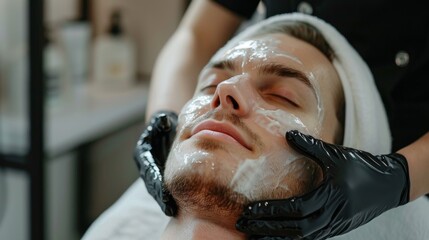 Cosmetology treatment featuring a male client enjoying a facial care session in a beauty salon setting