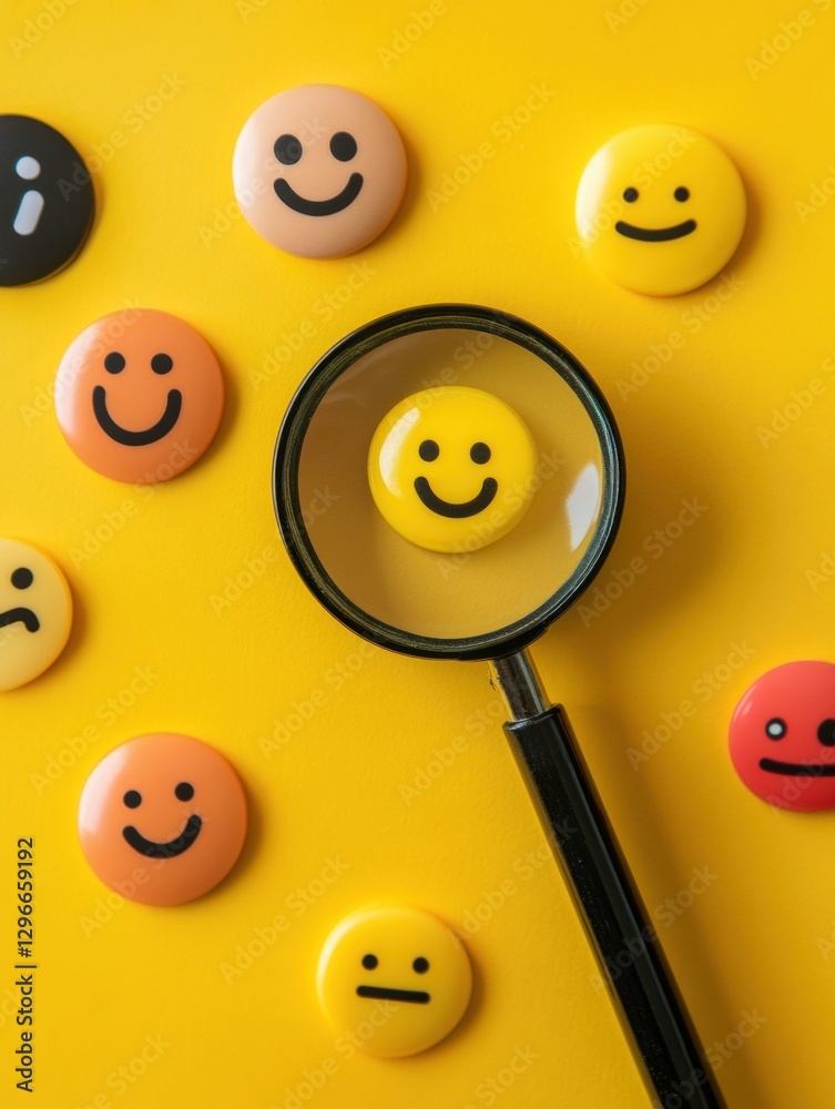 Poster Yellow background with smiley face buttons and magnifying glass highlighting happiness and emotions. Generative AI