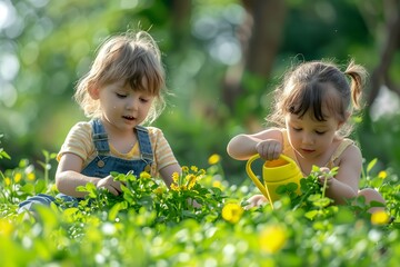 Two young girls joyfully gardening together in a vibrant green outdoor space.