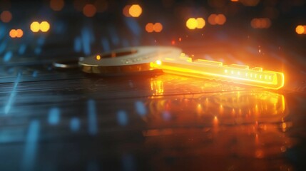 Golden key on dark wooden table symbolizing private credit and financial security, with abstract financial charts in the background, representing trust and wealth management concepts.