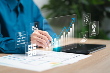 Cost and quality management concept, Businesswoman analyzing long-term cost plan, High quality of product, Cost reduction, Budget and financial planning, Company's yearly income and expenses forecast