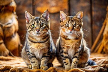 Minimalist Photo: Tabby Cats Resting on Drying Animal Hides