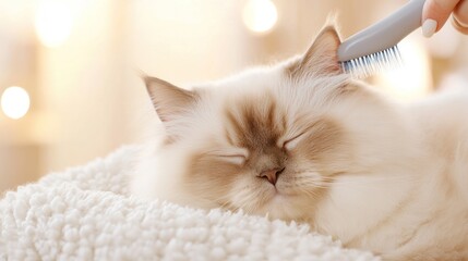 Gentle Cat Grooming Session On Cozy Blanket