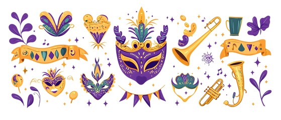 A colorful array of masks and other items, including a feather, a brush