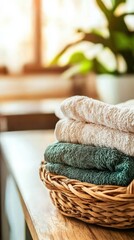 Obraz premium Neatly Arranged Soft Towels in a Woven Basket on a Wooden Table with Green Plants in Natural Light