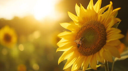 Obraz premium Honey bee collecting pollen at blooming yellow sunflower.