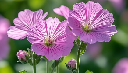 Fototapeta premium Pink flowers bloom in garden sunlight