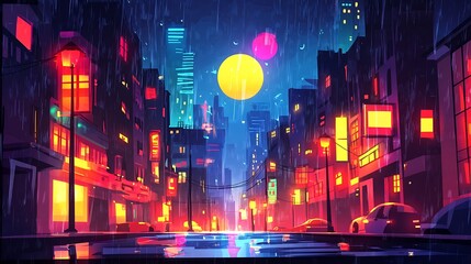 Rainy night city street, neon lights