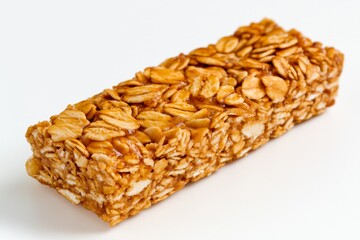 A single granola cluster artistically placed on a clean white surface