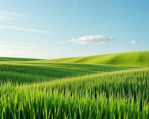 Lush green fields stretch under a clear blue sky, dotted with fluffy clouds, creating a serene and vibrant landscape.