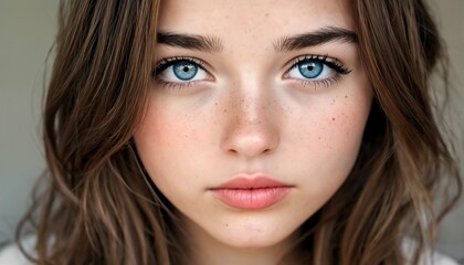 Obraz premium Close-up of a young woman's face with blue eyes.