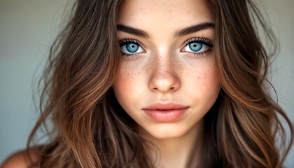 A close-up photograph of a woman with long brown hair and blue eyes.