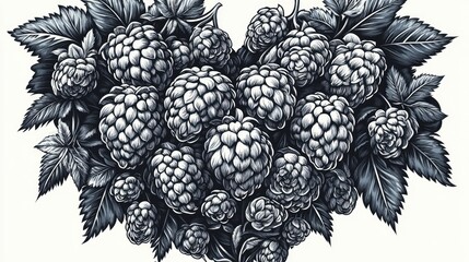 Hops, barley, and leaves arranged in a heart shape. Scratch board imitation.